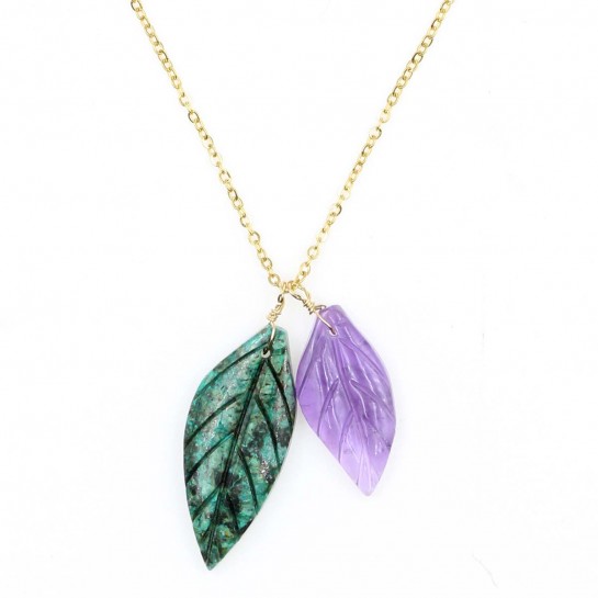 African Turquoise and Amethyst Double Leaves Necklace