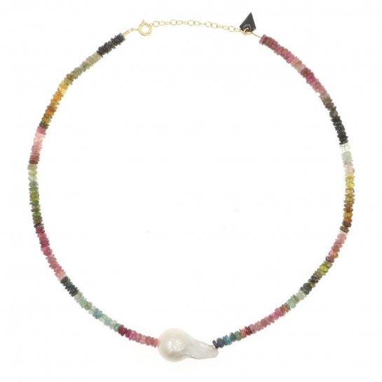 Collier Puka tourmaline et perle d'eau douce