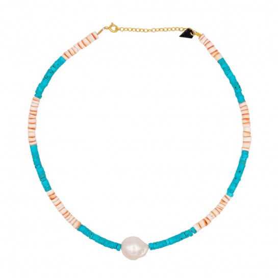 Puka shell, turquoise and freshwater pearl necklace