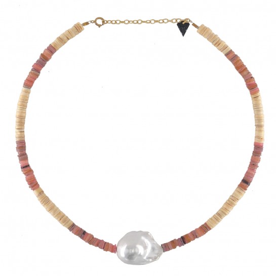 Collier Puka Coquillage Beige, Rose et Perle d'Eau Douce