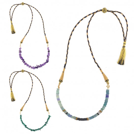 Amethyst, Fluorite and Malachite pendants Black tassel