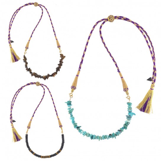 Onyx, Tiger's Eye and Turquoise pompom Purple pendants
