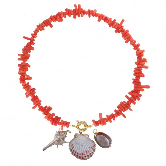 Collier corail rouge et pendentif coquillage