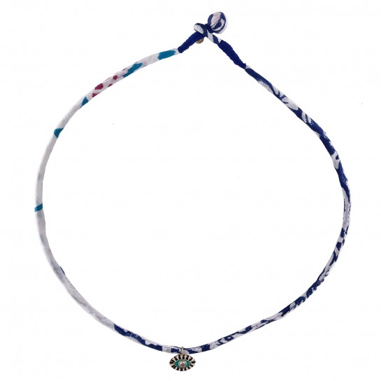 Collier Tissu Bleu et Blanc et Oeil Bleu