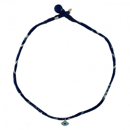 Collier Tissu Bleu Marine et Oeil Turquoise