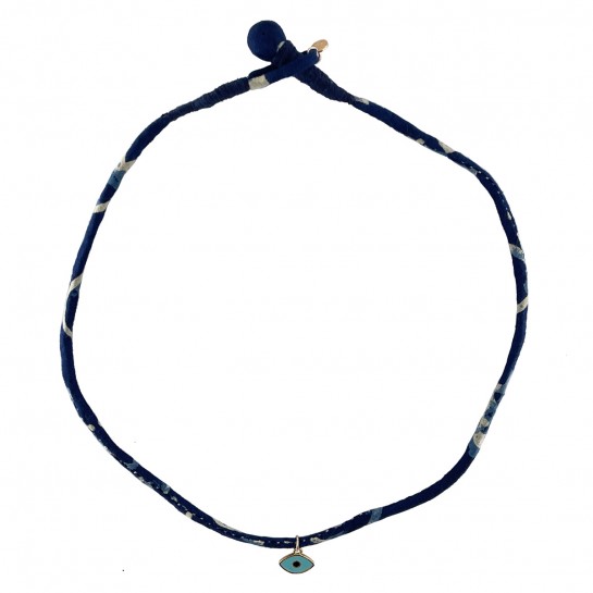 Navy Blue Fabric and Turquoise Eye Necklace