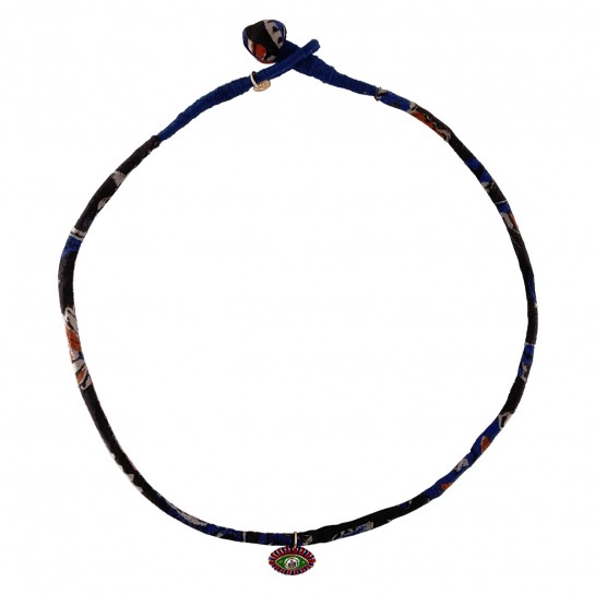 Blue and Brown Fabric Necklace and Multicolored Eye