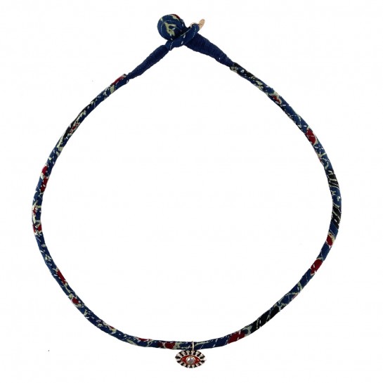 Collier Tissu Bleu et Rouge et Oeil Rouge