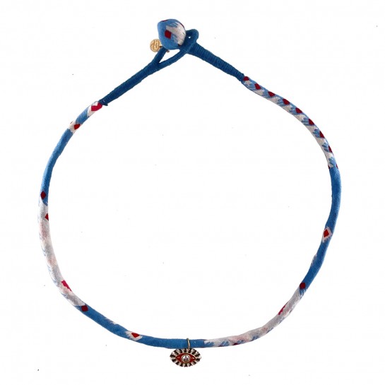 Collier Tissu Bleu et Rose et Oeil Rouge