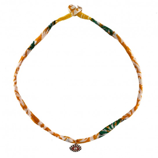 Yellow Fabric and Red Eye Necklace