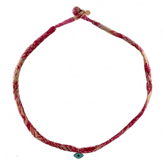 Collier Tissu Rose et Oeil Turquoise