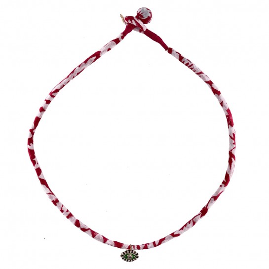 Collier Tissu Rose et Blanc et Oeil Vert