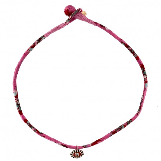 Collier Tissu Rose Fleuri et Oeil Rouge