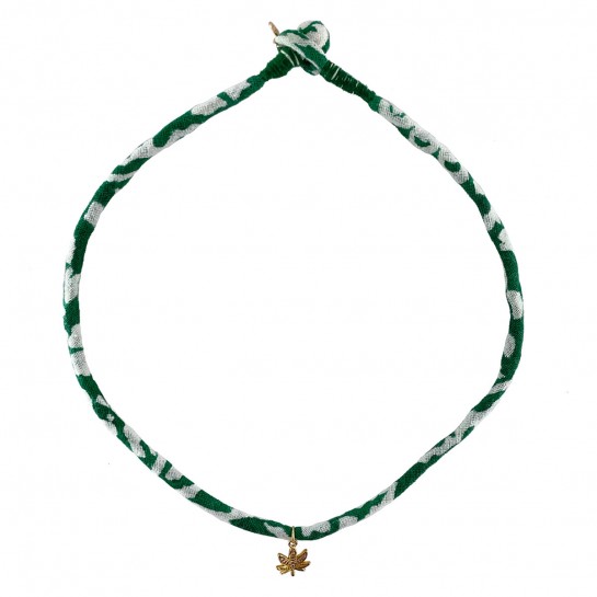 Collier Tissu Vert et Blanc et Feuille