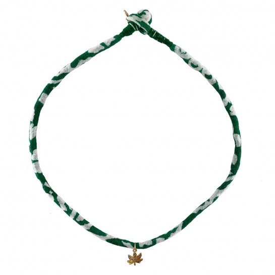 Collier Tissu Vert et Blanc et Feuille