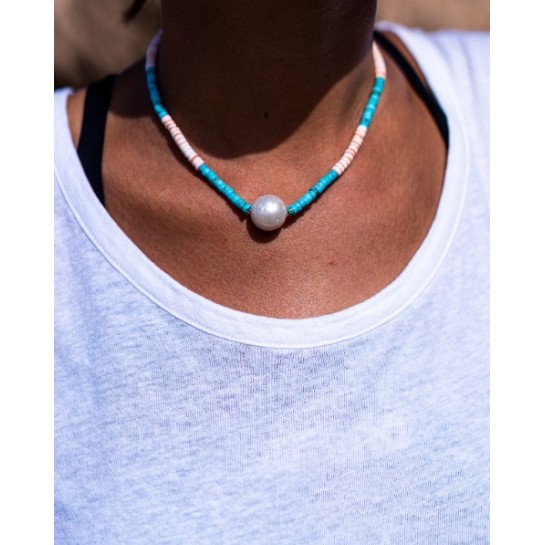 Puka shell, turquoise and freshwater pearl necklace