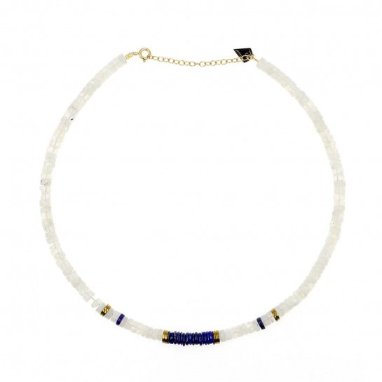 collier puka en pierre de lune et lapis lazuli couleur bleu et gris