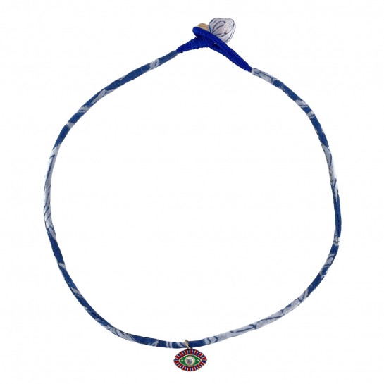 COLLIER TISSU BLANC ET BLEU ET OEIL MULTICOLORE