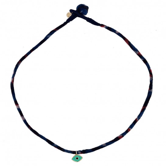 COLLIER TISSU BLEU MARINE, MARRON, NOIR ET OEIL TURQUOISE