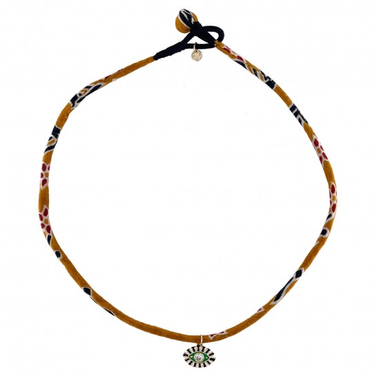 COLLIER TISSU JAUNE, NOIR, ROUGE ET OEIL VERT