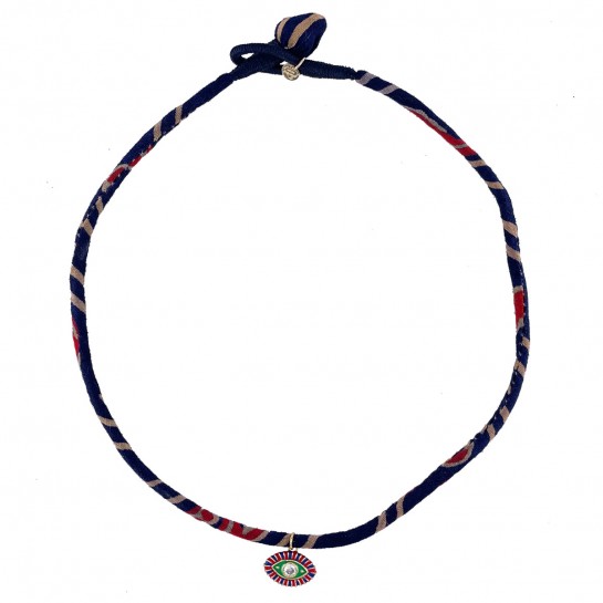 COLLIER TISSU BLEU MARINE, ROUGE ET OEIL MULTICOLORE