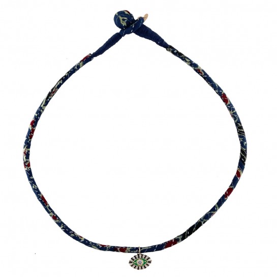 COLLIER TISSU BLEU MARINE, ROUGE ET OEIL VERT