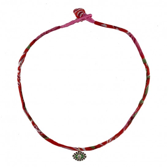 COLLIER TISSU ORANGE, VERT, ROSE ET OEIL VERT