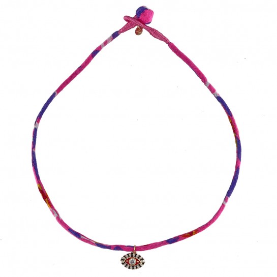 COLLIER TISSU ROSE, VIOLET ET OEIL ROUGE