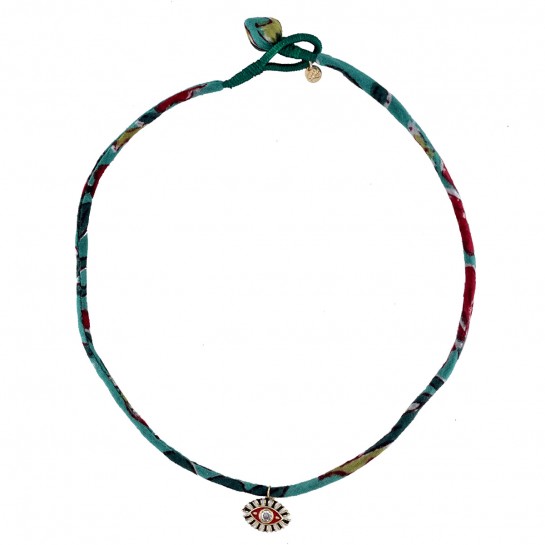 COLLIER TISSU TURQUOISE, VERT, ROUGE ET ŒIL ROUGE