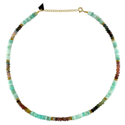 COLLIER PUKA AMAZONITE ET TOURMALINE