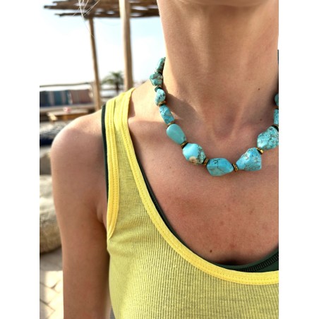 Collier Ancien XXe Siècle Avec Pépites De Turquoise Et Perles En Métal Argenté - Long Collier - Occasion Vintage