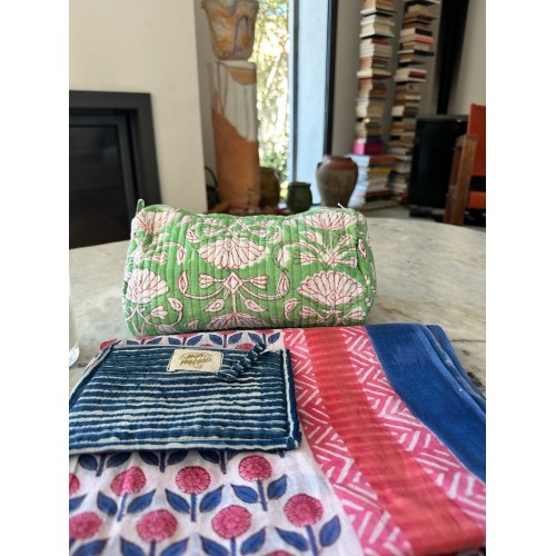 Green Toiletry Bag and Pink and Blue Pareo