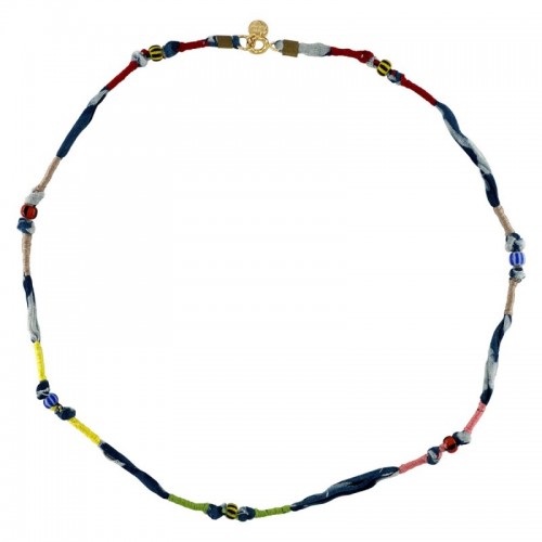 COLLIER TISSU BLEU MARINE ET PERLES AFRICAINES