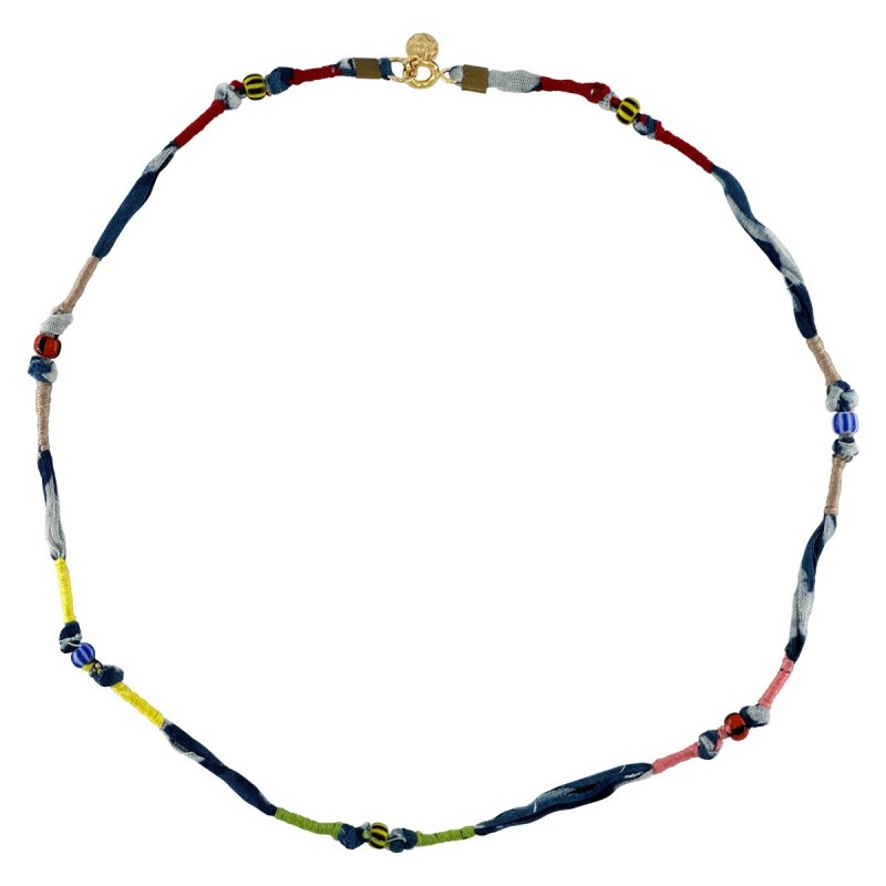 COLLIER TISSU BLEU MARINE ET PERLES AFRICAINES