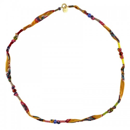 COLLIER TISSU JAUNE ET PERLES AFRICAINES