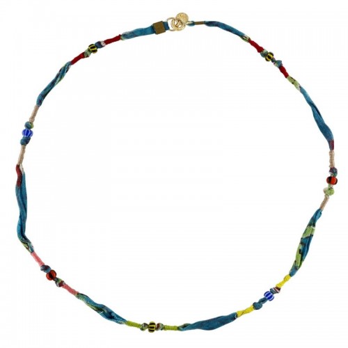 COLLIER TISSU TURQUOISE ET PERLES AFRICAINES