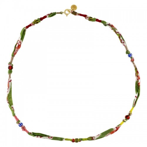 COLLIER TISSU VERT ET PERLES AFRICAINES