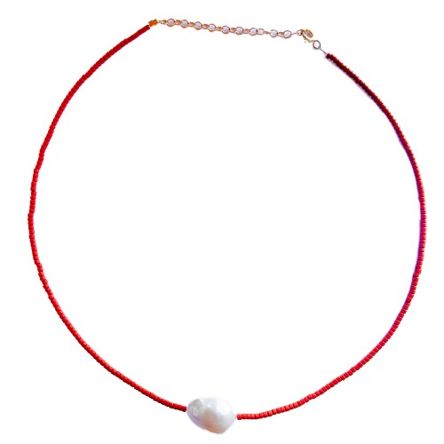 Necklace small African pearls red and freshwater pearl