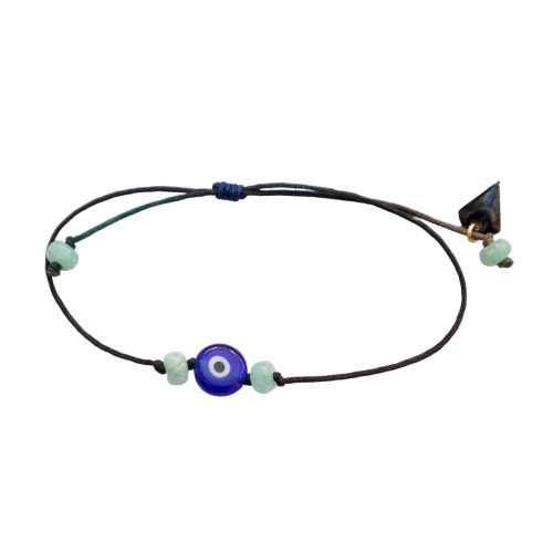 Bracelet porte bonheur avec œil bleu et  chrysoprase sur cordon bleu marine