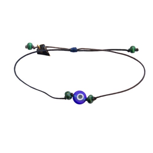 Bracelet porte bonheur avec œil bleu et malachite sur cordon bleu marine