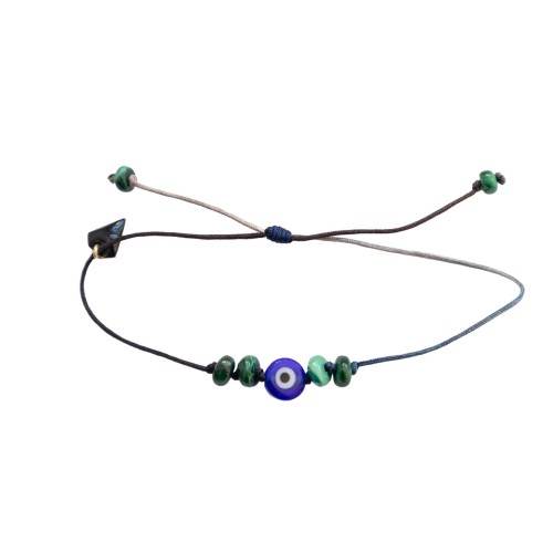 Bracelet porte bonheur avec œil bleu, malachite et chrysoprase