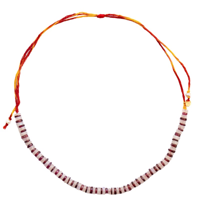 COLLIER PUKA PIERRE DE LUNE ET GRENAT SUR FIL SACRÉ